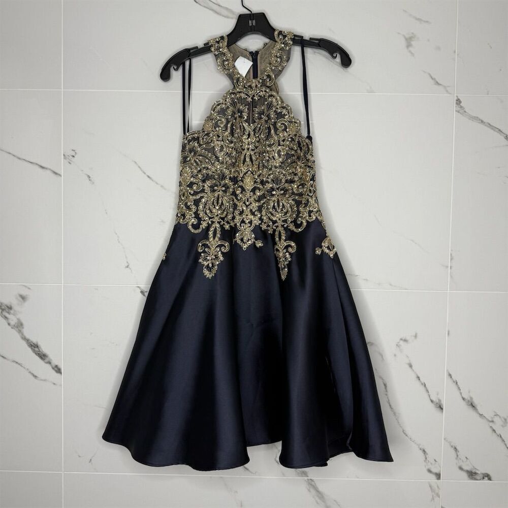 Xscape Navy Dress with Gold Beaded Halter Bodice
